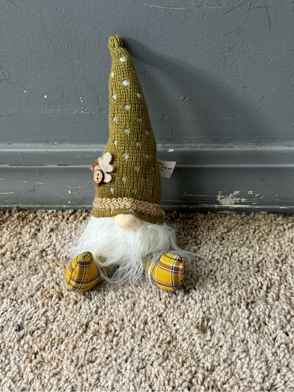 Decorative Green Knit Gnome with Yellow Plaid Feet - Home Holiday